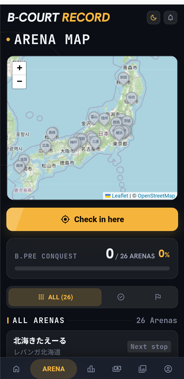 アリーナマップ画面。全国のアリーナへのチェックインと制覇率