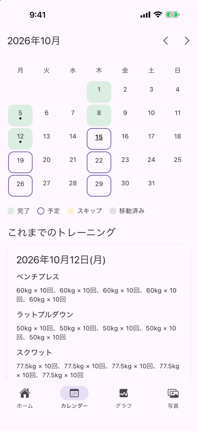 カレンダー画面。完了した日と予定の日、これまでのトレーニング